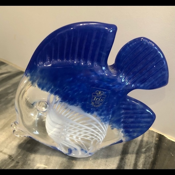 Czech Republic Art Glass Fish Figurine Blue White Lattice Swirl Labeled - Picture 7 of 8